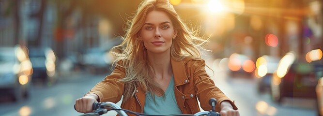 Gorgeous lady riding a bike in the city