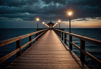 Fototapeta na wymiar A boardwalk stretches towards a pier adorned with twinkling lights, inviting an evening stroll by the sea by ai generated