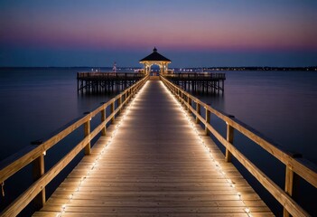 A boardwalk stretches towards a pier adorned with twinkling lights, inviting an evening stroll by the sea by ai generated - obrazy, fototapety, plakaty