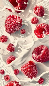 Close-up raspberries and White yogurt.  Image featuring several oversized raspberries and with splashing White yogurt. 