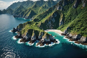 A captivating aerial view captures a lush peninsula against a backdrop of majestic mountains and a crystal-clear blue ocean by ai generated