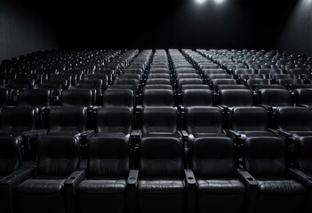 Fototapeta premium A cinema movie theater featuring rows of black seats against a black background, creating a classic cinematic atmosphere by ai generated