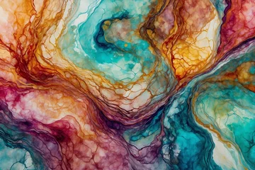 Fotobehang teal and yelllow fluid paint blending bright swirls background © Jan