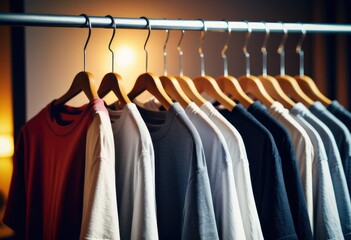 Obraz premium A close-up of a collection of T-shirts hanging neatly on a clothes hanger showcases various colors and designs by ai generated