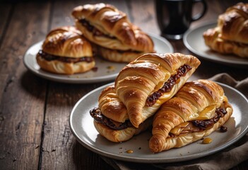 A close-up of a plate filled with delicious croissant sandwiches on a wooden background by ai generated