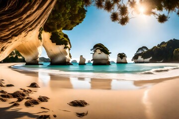 Panoramic picture of Cathedral Cove beach in summer without people during daytime