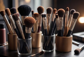 A close-up of a set of makeup brushes in a holder and cosmetics arranged neatly on a table by ai generated