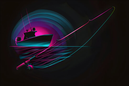 Retro neon silhouette of a fishing rod with boat in background isolated on black background.