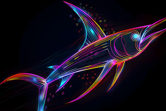 Playful neon outline of a jumping swordfish isolated on black background.