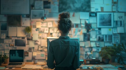 Creative Woman Contemplating Wall Full of Ideas