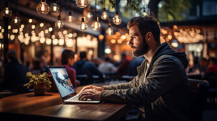 An IT freelancer working on a laptop in a trendy coffee shop.