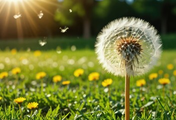 A dandelion plant sways in the spring and summer breeze, its delicate seeds carried by the wind by ai generated