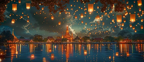 Thailand's Ayutthaya hosts the Loi Krathong lantern festival. - obrazy, fototapety, plakaty