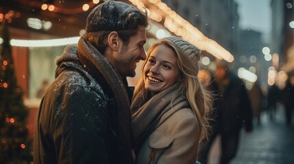 Obraz premium American happy couple posing for a picture in the city and enjoying a honeymoon or winter holiday.