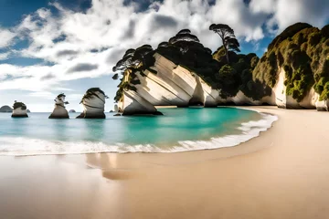 Plexiglas foto achterwand Panoramic picture of Cathedral Cove beach in summer without people during daytime © Eun Woo Ai