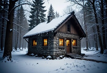 A fantasy house nestled in a winter forest, characterized by an old stone shack exuding rustic charm by ai generated