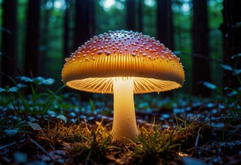 Fototapeta premium A glowing mushroom emitting light in the darkness, adding an enchanting touch to the surroundings by ai generated