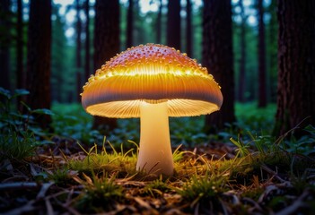 A glowing mushroom emitting light in the darkness, adding an enchanting touch to the surroundings by ai generated