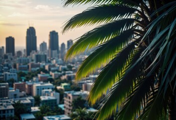 Fototapeta na wymiar A green palm tree silhouetted against a beautiful cityscape, blending urban and natural elements harmoniously by ai generated