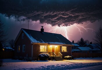 A lightning storm rages over a suburban house nestled in the snow, illuminating the wintry landscape with flashes of brilliance by ai generated