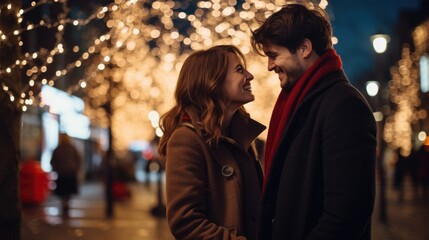 Couple Cuddling and Smiling under Wire Lights