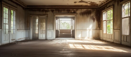 Interior of historical European style building vintage white wooden house left to decay Former city hall - obrazy, fototapety, plakaty