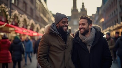 Two Men Smiling and Walking Arm in Arm in a City