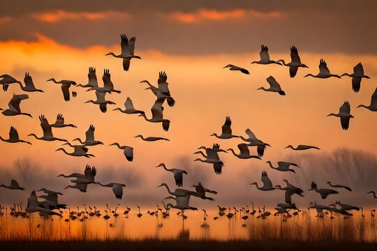 Flock of sandhill crane (Antigone canadensis) birds at sunset, Platte River, Kearney, Nebraska, USA