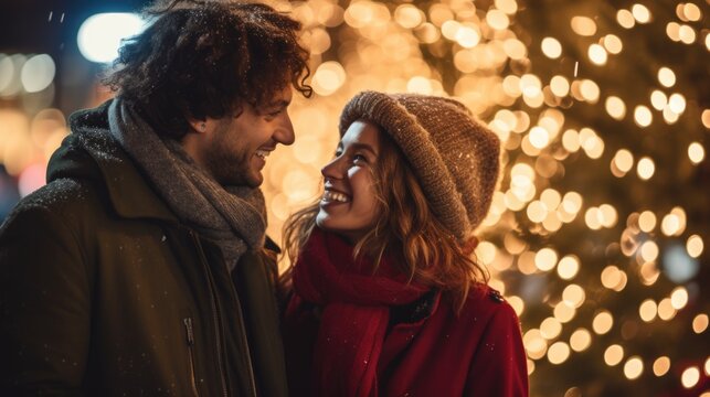 A happy couple embracing each other under a tree of lights