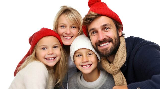 A family wearing snow hats and smiling together for a picture