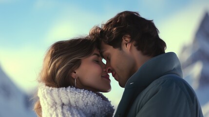 A kissing couple under a blue sky