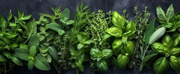 Fresh Assorted Culinary Herbs Lined Up on Dark Slate Background for Healthy Food Concepts and Natural Flavors
