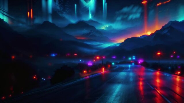 Mesmerizing VJ loop of a highway at night, illuminated by vibrant neon lights, with mountains visible in the background. 