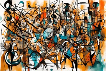 Geometric abstract shape dancing rhythm people street graffiti. Art wall paint drawing oil ink...