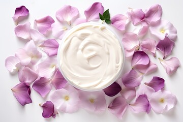 Top View of Body Care Products and Accessories with Skin Cream and Flower Petals on White