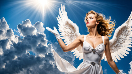 Beautiful woman angel descending from heaven.