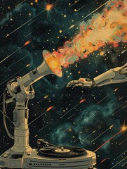  The graceful arm of a robot extending towards a gramophone with a backdrop of shooting stars