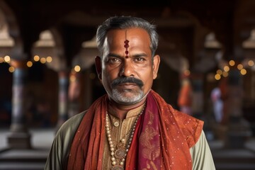 A Vaishya man in traditional Indian attire, wearing a stylish kurta-pajama or sherwani, exuding prosperity and success associated with the Vaishya caste, perhaps with symbols of 
