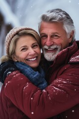 Fototapeta premium An older couple embracing each other in the snow