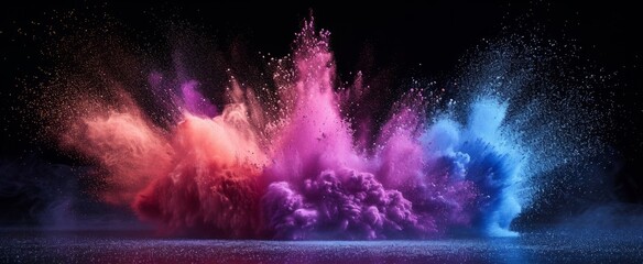 Spectacular Color Explosion: Stunning Vibrant Pink and Blue Powder Burst Against Dark Background with Glittering Particles