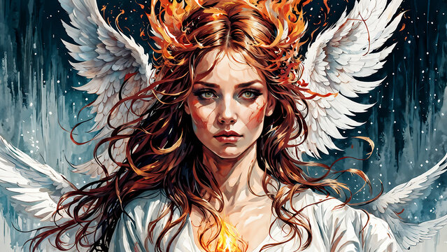 Beautiful woman angel of death in fire from hell.