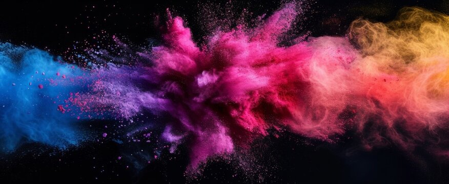 Vibrant Explosion of Colored Powder Capturing the Dynamic Intersection of Vivid Pigments in Midair Against a Stark Black Background