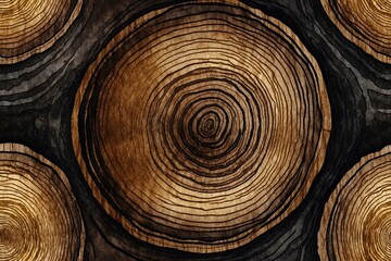 luxury watercolor brown and black wood annual rings texture, cross section of tree