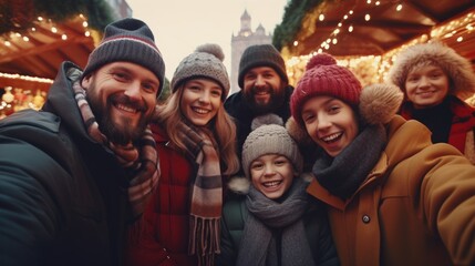A family wearing hats and coats, posing for a group photo during wintertime. - obrazy, fototapety, plakaty