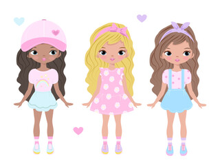Cute girls. Cartoon girl. Fashion. Dolls. Set, collection. Vector illustration isolated on white background. T shirt design print, poster, greeting, card, typography, textile. Children