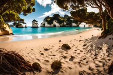 Deurstickers Panoramic picture of Cathedral Cove beach in summer without people during daytime © Eun Woo Ai