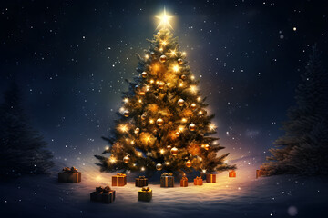 Christmas tree on bokeh background. Christmas and New Year concept. Christmas and New Year background with Christmas tree and bokeh lights, AI Generated