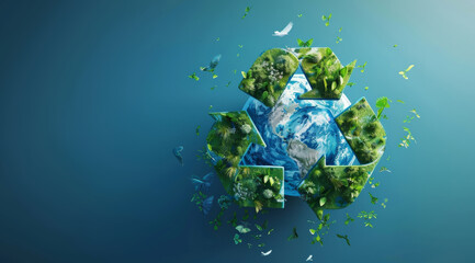 Recycle, sign and nature background or wallpaper for environmental, awareness and sustainability concept. Blue, mockup and symbol on a studio backdrop for Earth Day, eco system and ecology logo