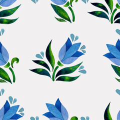 Bright watercolor drawing in decorative style. Seamless background. Stylized leaves and flowers on a light background.