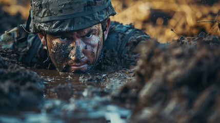 A focused military soldier crawls determinedly through muddy terrain during a rigorous training exercise.
